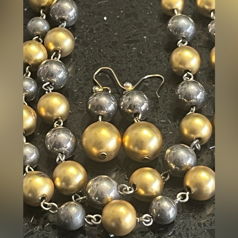Gold Black Hematite Ball Pearl statement necklace earring set jewelry vintage